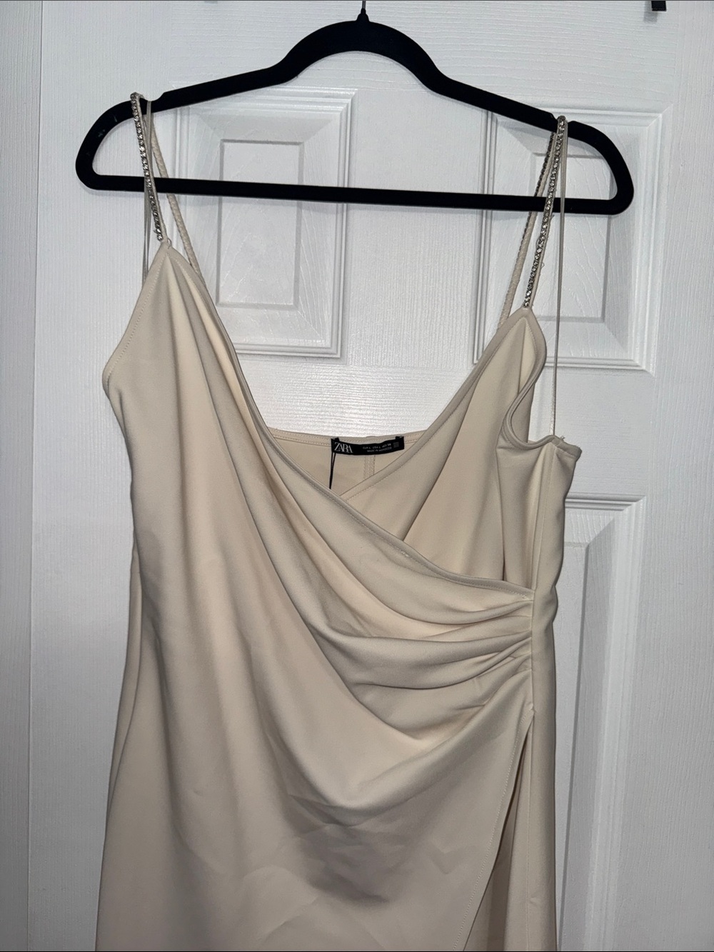 Zara Cream Draped Midi Dress with Jeweled Straps